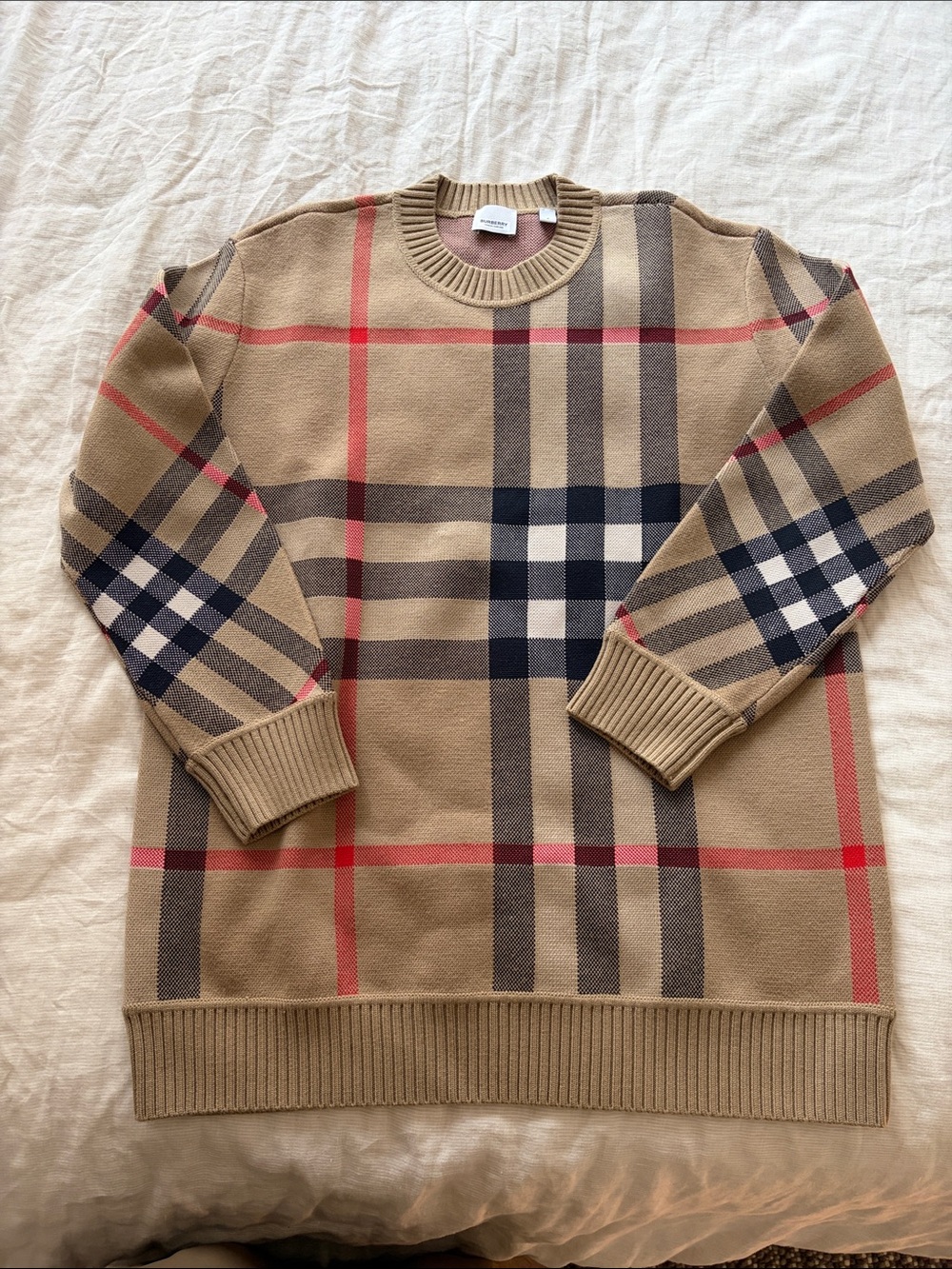 Burberry Beige Plaid Crewneck Sweater with Black and Red Accents